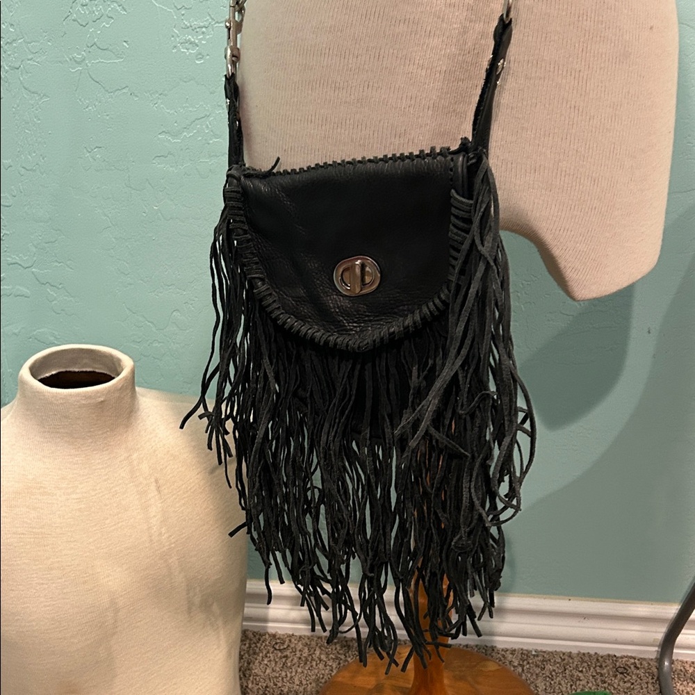 Black Leather Fringe Texan Crossbody Bag - Picture 6 of 15